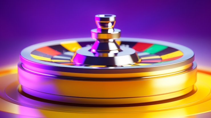 Kartu remi, dadu, dan roda roulette menyimbolkan game meja kasino tradisional